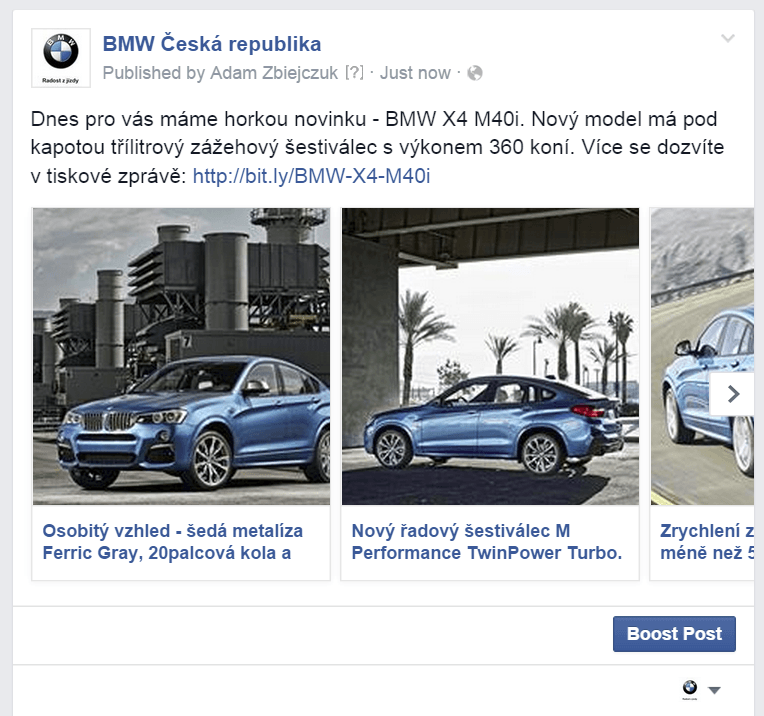 Takto vypadá příspěvek na stránce BMW Česká republika